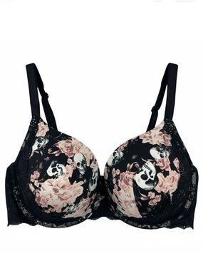 Torrid Women's Push‑Up Plunge Bra 42DD Black Pink Skull Floral Lace Underwire